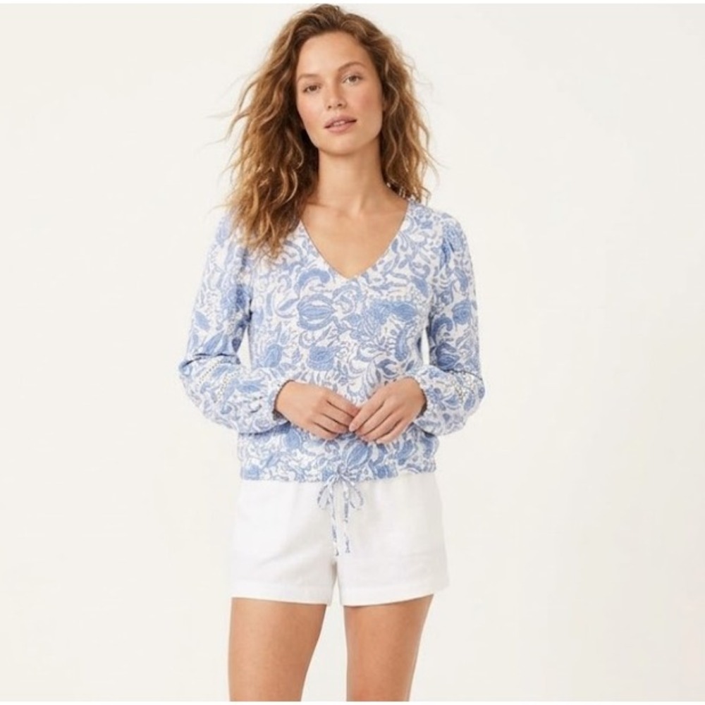 INC International Concepts Top Sz XL Blue White Floral Tie Front Feminine Cotton